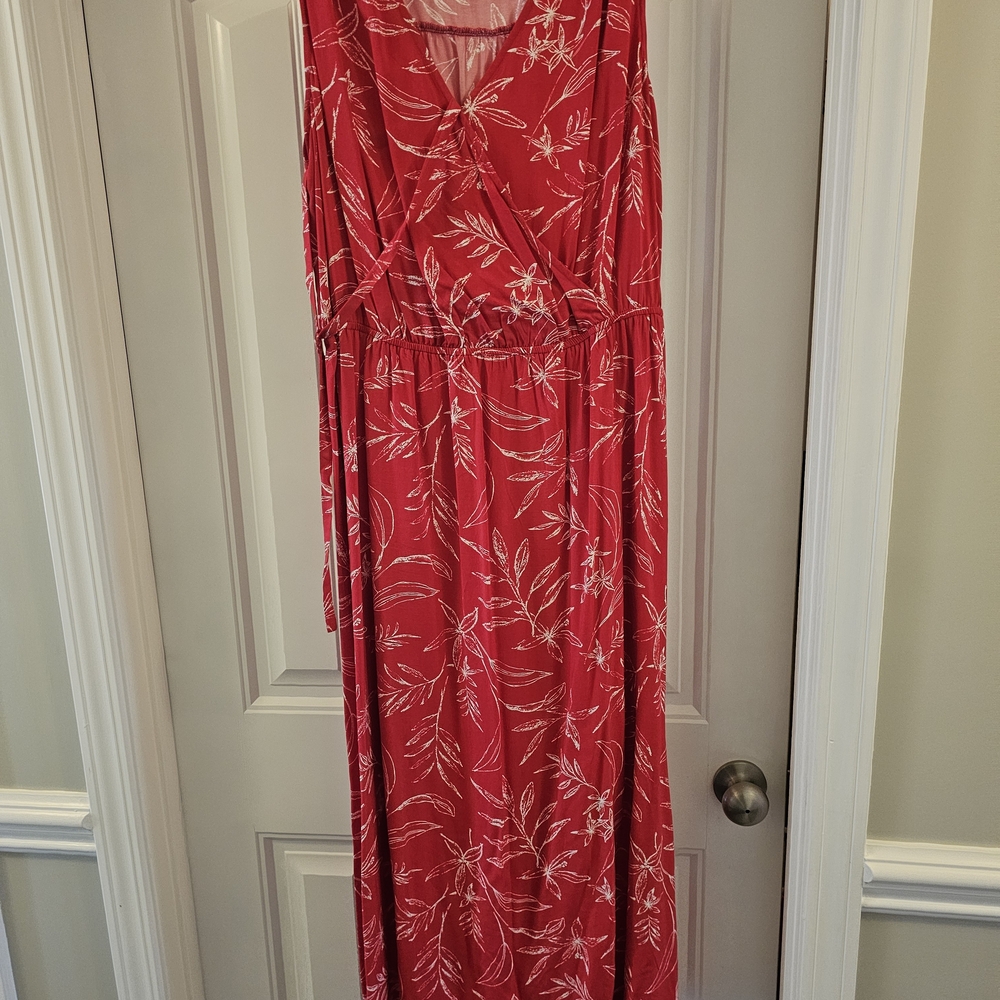 Old Navy Red Floral Midi Dress with White Leaf Print